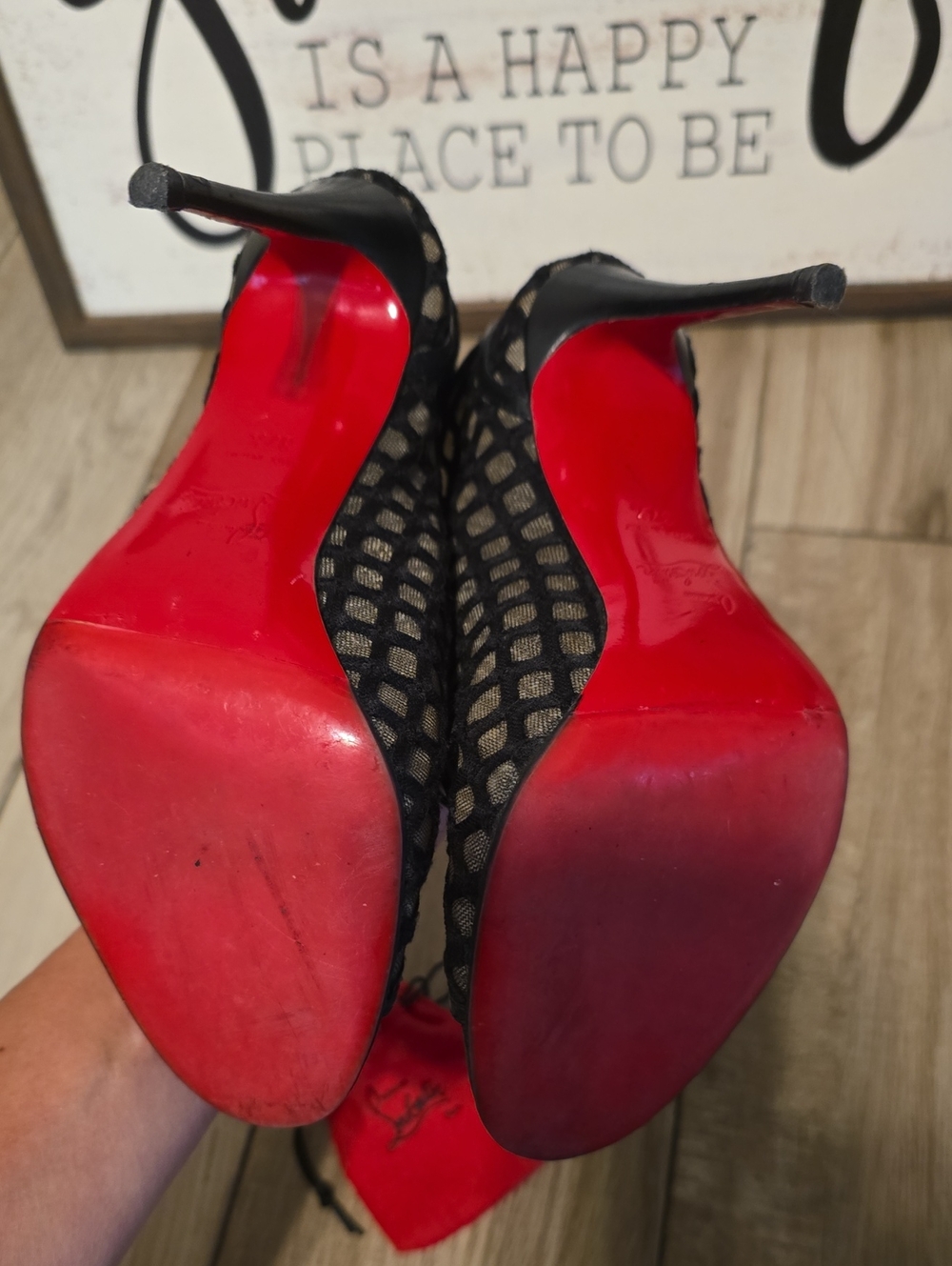 Christian Louboutin Black Mesh Lace-Up Peep-Toe 100 Heels Size (37-1/2) - Picture 9 of 15